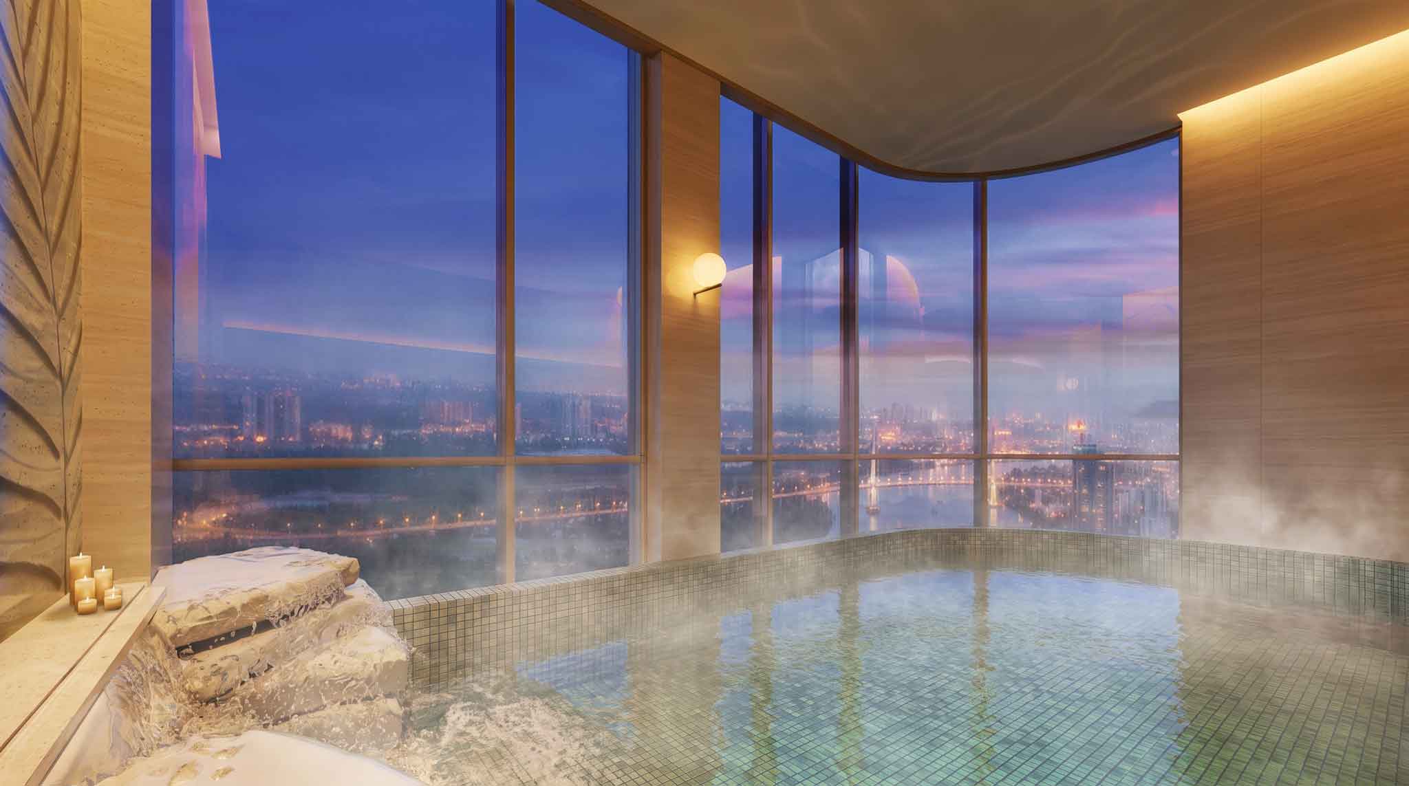 Palm River sky onsen with river sunset view
