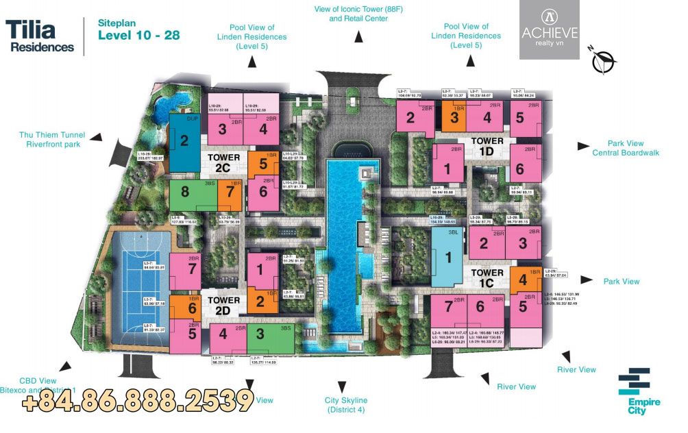 Bán 2 phòng ngủ Empire City Tilia Residences 98m2 view sông Sài Gòn 